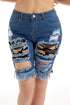 Sexy Blue Camo Patchwork Frayed Cutout Denim Shorts
